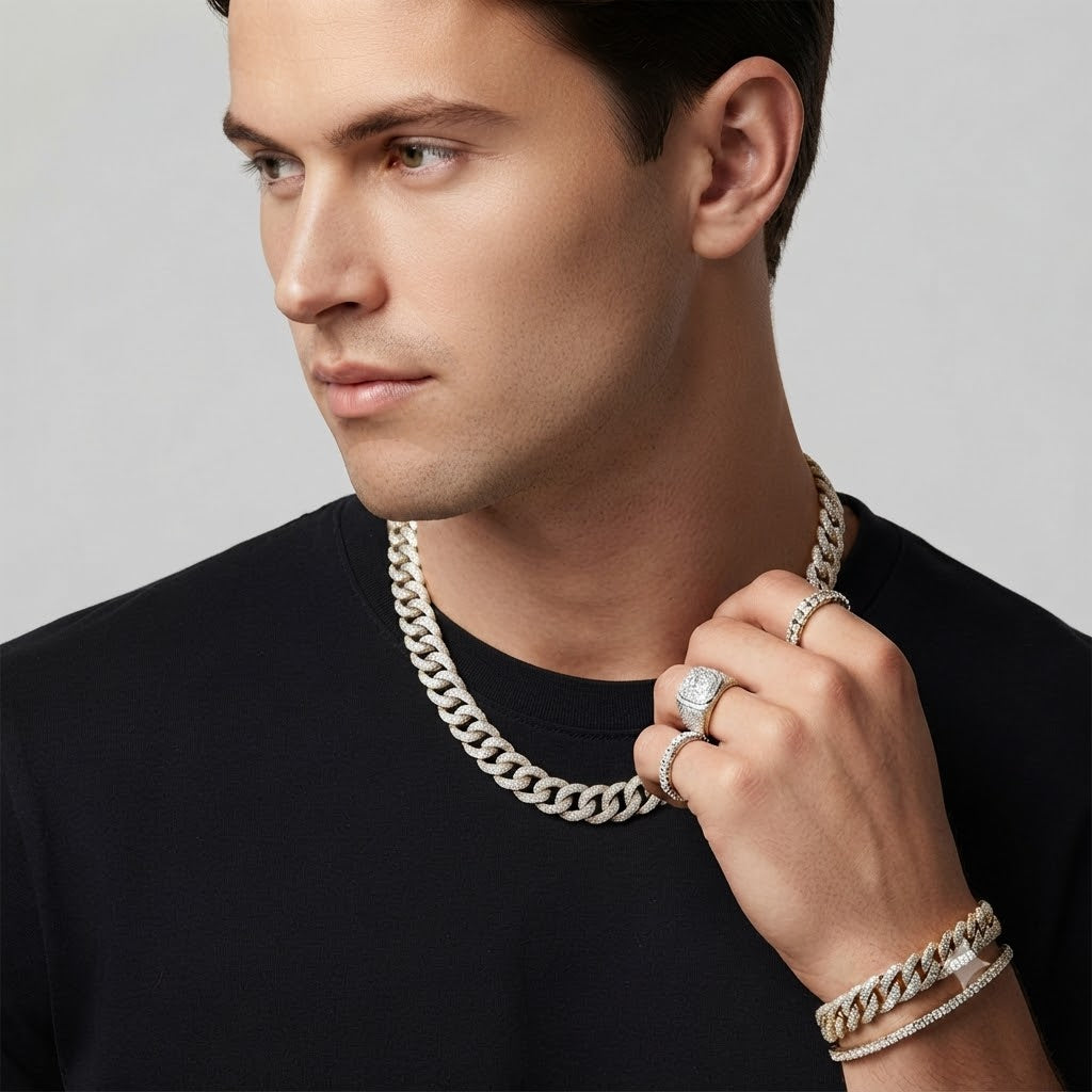 15mm Moissanite Diamond Round Ring Type Iced Cuban Link Chain - 3MM Wide