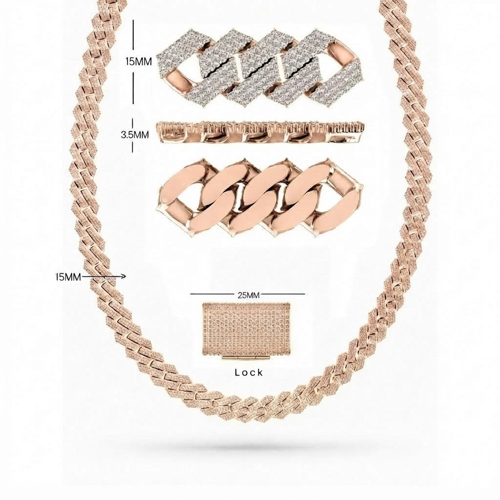 15mm Moissanite Diamond Iced Three Row Cuban Link Chain - 3.5MM Wide