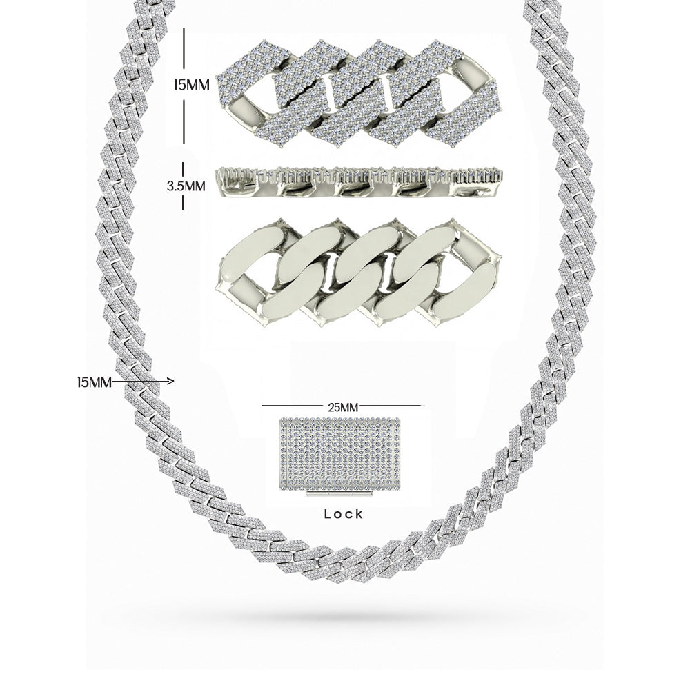 15mm Moissanite Diamond Iced Three Row Cuban Link Chain - 3.5MM Wide