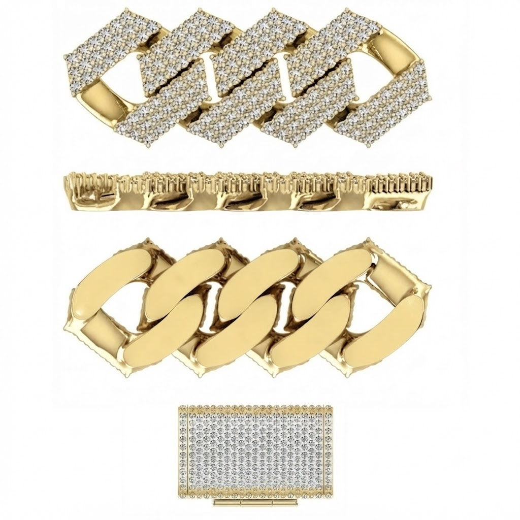 15mm Moissanite Diamond Iced Three Row Cuban Link Chain - 3.5MM Wide