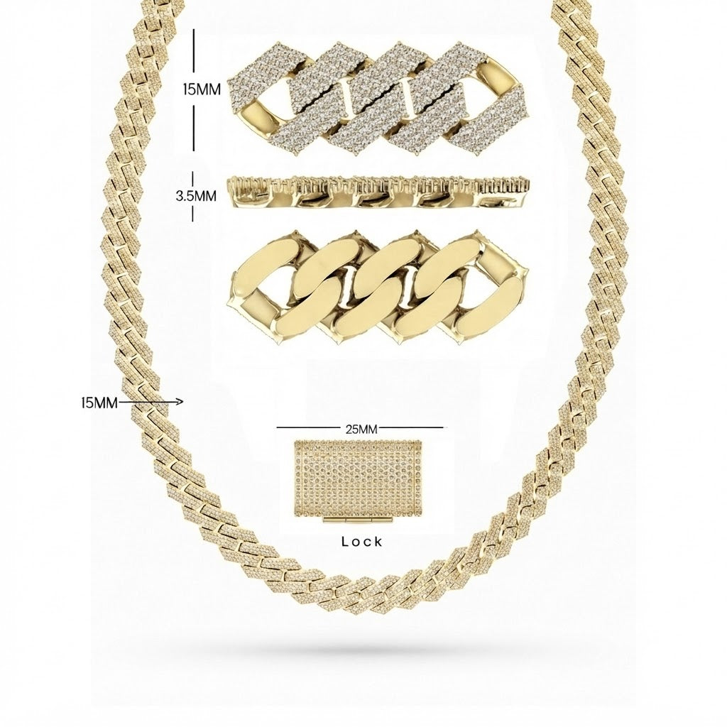 15mm Moissanite Diamond Iced Three Row Cuban Link Chain - 3.5MM Wide