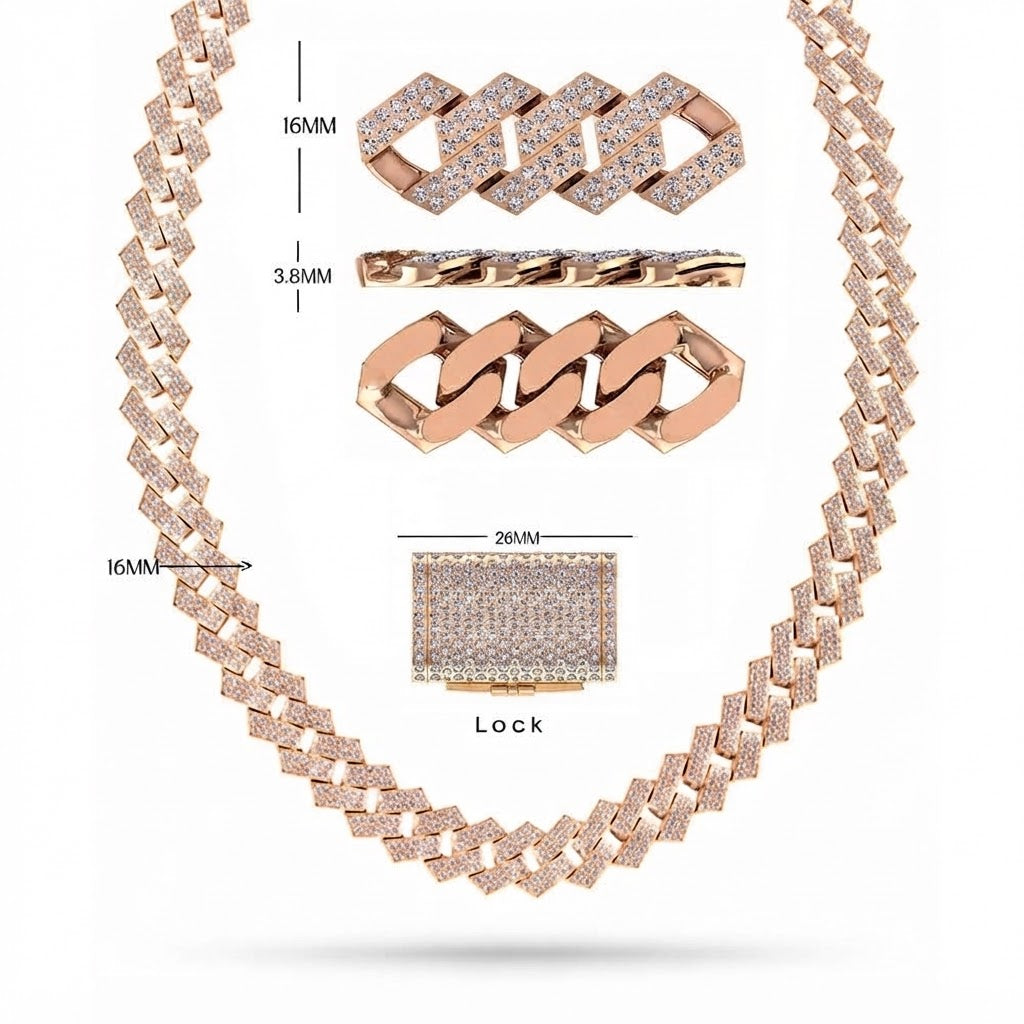 16mm Moissanite Diamond Iced Square Double Row Cuban Link Chain - 3.8MM Wide