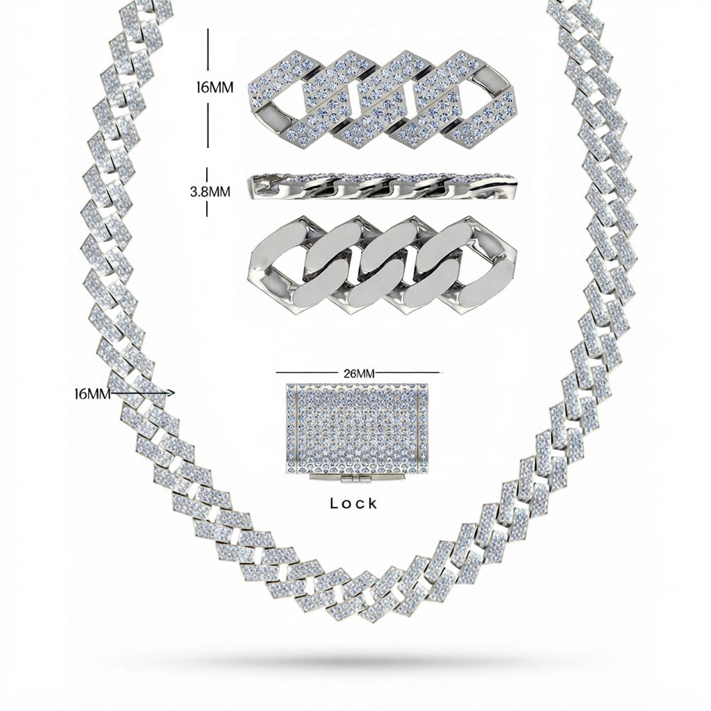 16mm Moissanite Diamond Iced Square Double Row Cuban Link Chain - 3.8MM Wide