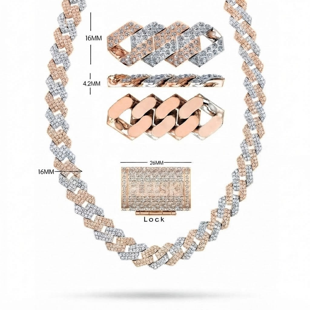 16mm Moissanite Diamond Iced Two-Tone Double Row Cuban Link Chain - 4.2MM Wide