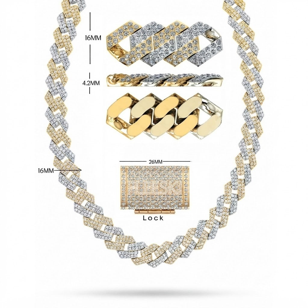 16mm Moissanite Diamond Iced Two-Tone Double Row Cuban Link Chain - 4.2MM Wide