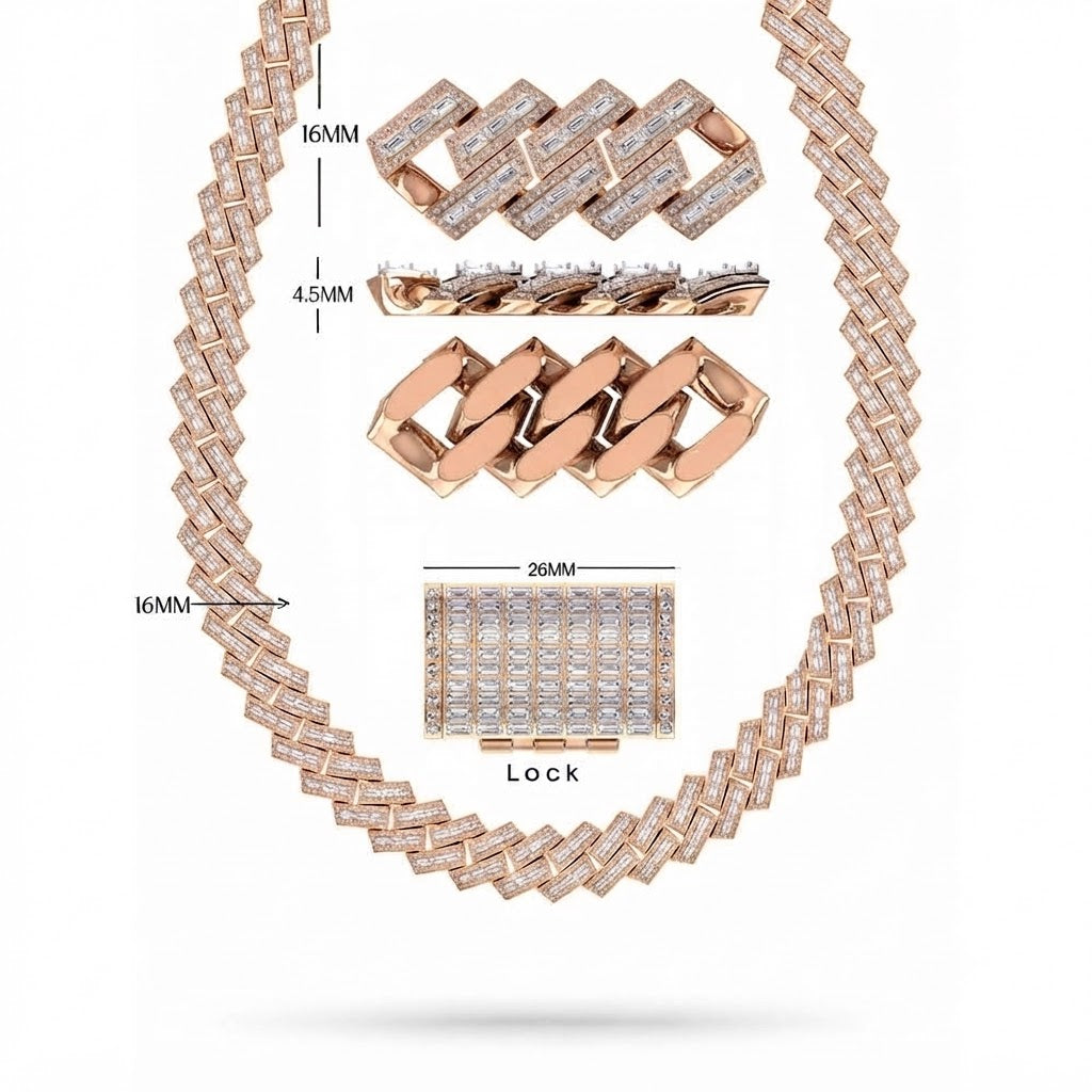 16mm Moissanite Diamond Round Baguette Iced Cuban Link Chain - 4.5MM Wide