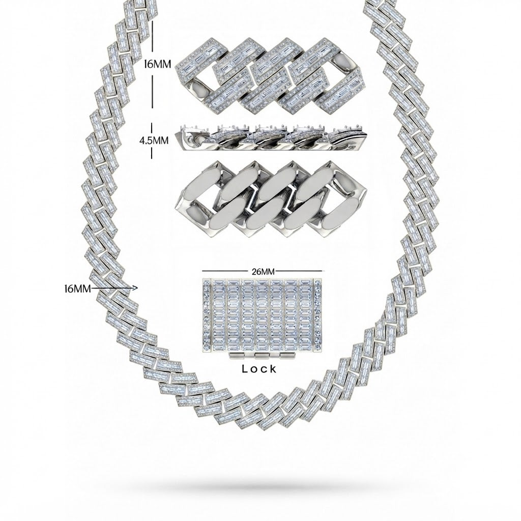 16mm Moissanite Diamond Round Baguette Iced Cuban Link Chain - 4.5MM Wide