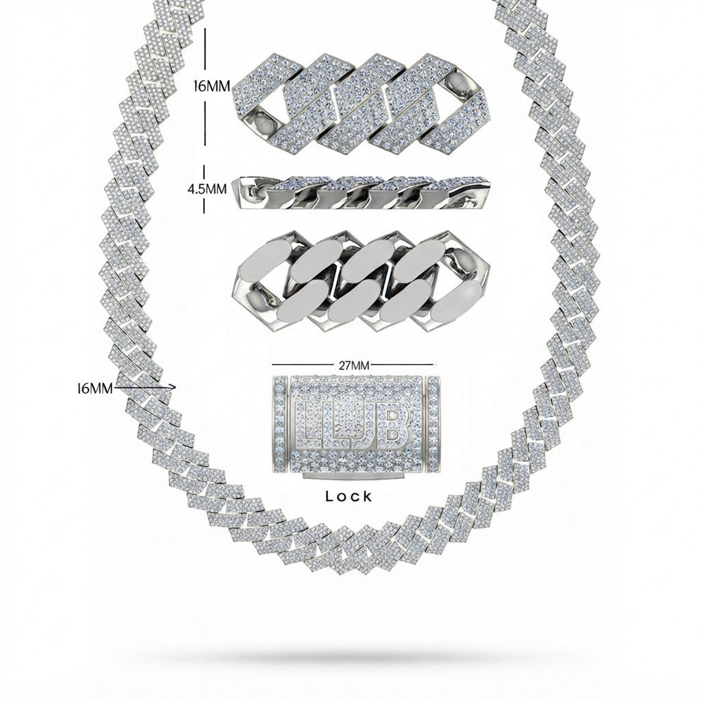 16mm Moissanite Diamond Fully Iced Square Three Row Cuban Link Chain - 4.5MM Wide
