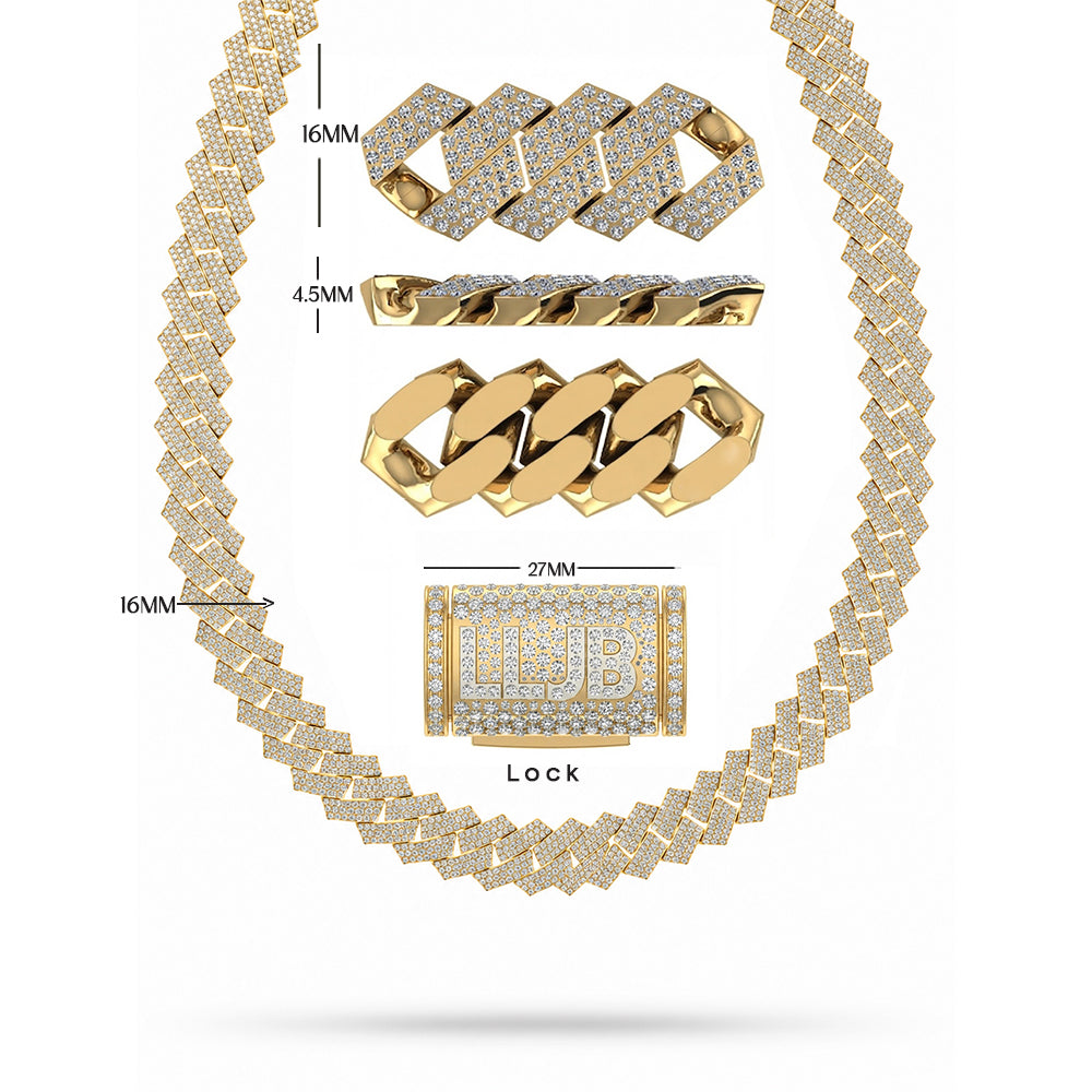 16mm Moissanite Diamond Fully Iced Square Three Row Cuban Link Chain - 4.5MM Wide