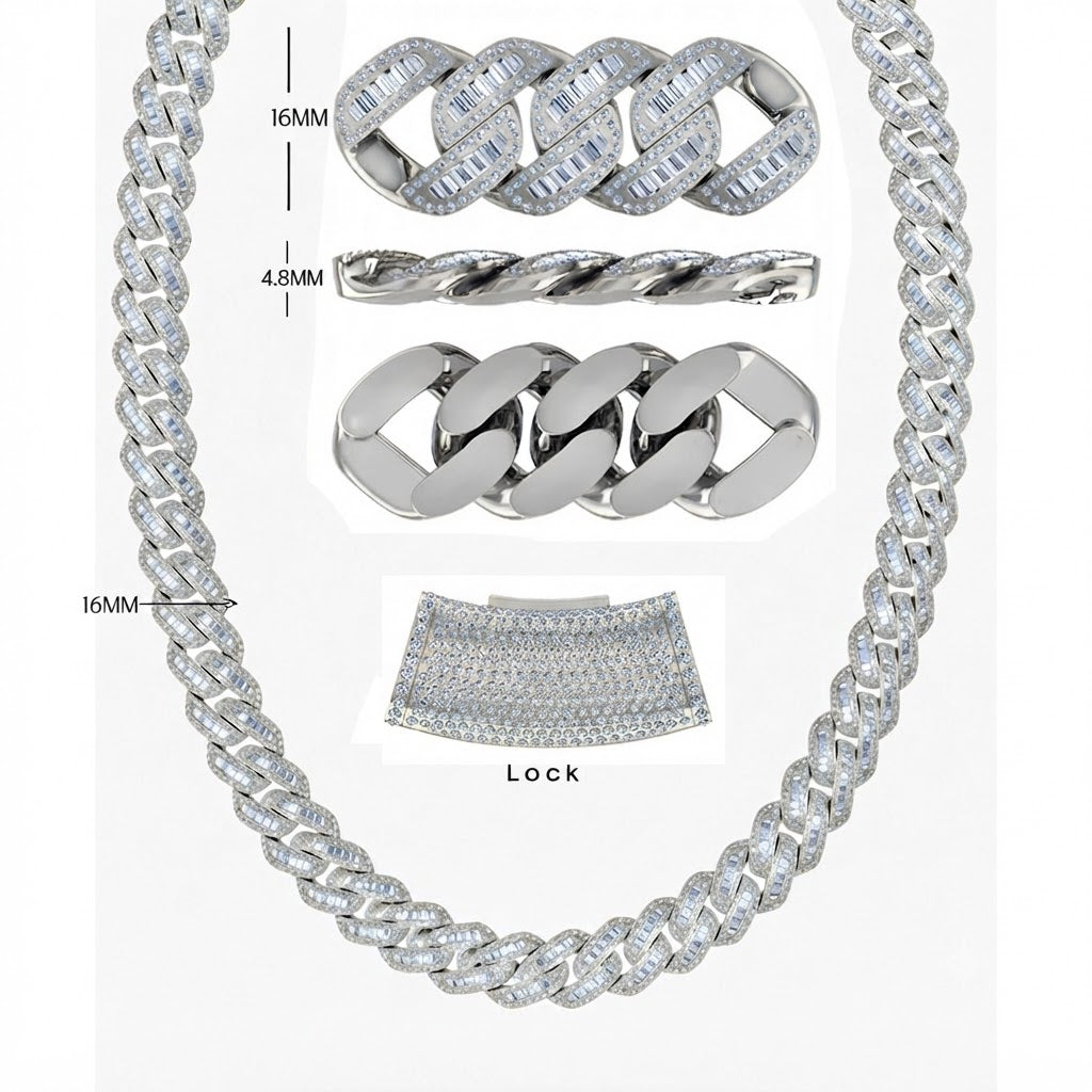 16mm Moissanite Baguette Round Diamond Iced Cuban Link Chain - 4.8MM Wide