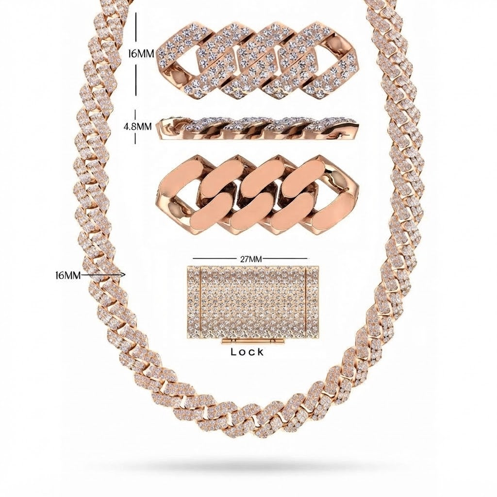 16mm Moissanite Diamond Iced Double Row Cuban Link Chain - 4.8MM Wide