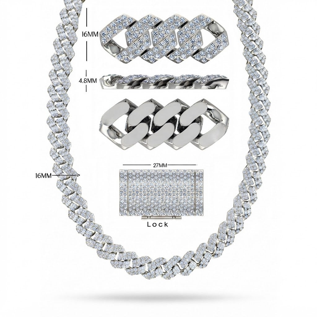 16mm Moissanite Diamond Iced Double Row Cuban Link Chain - 4.8MM Wide