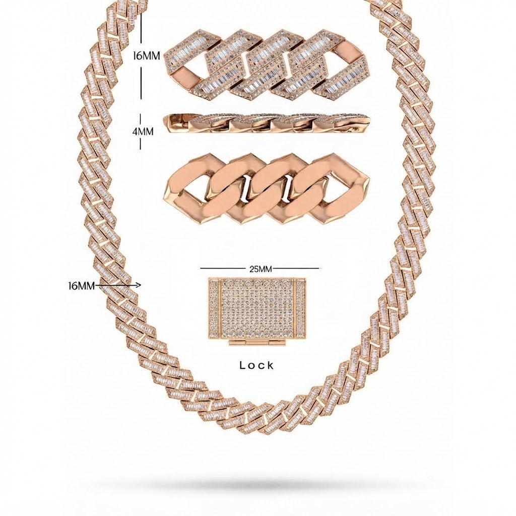 16mm Moissanite Baguette Round Diamond Hip Hop Cuban Link Chain - 4MM Wide
