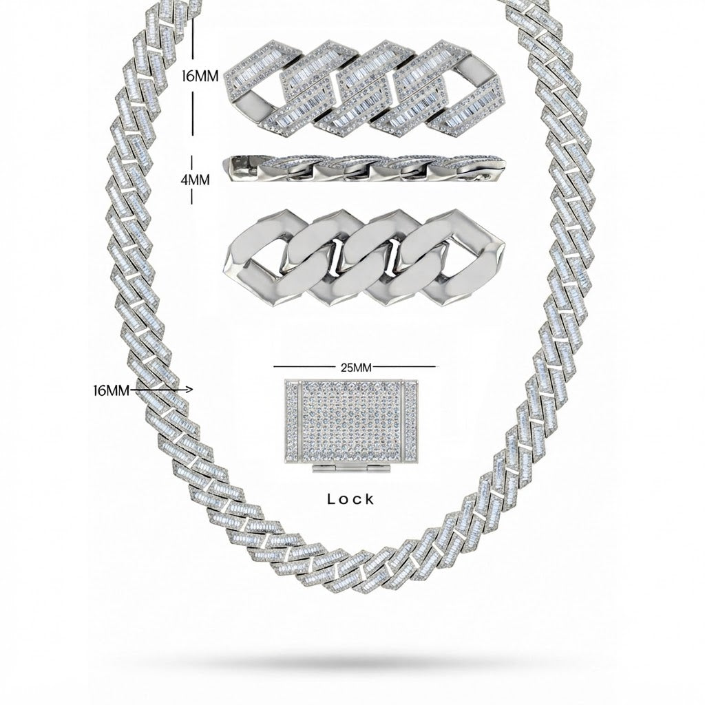 16mm Moissanite Baguette Round Diamond Hip Hop Cuban Link Chain - 4MM Wide