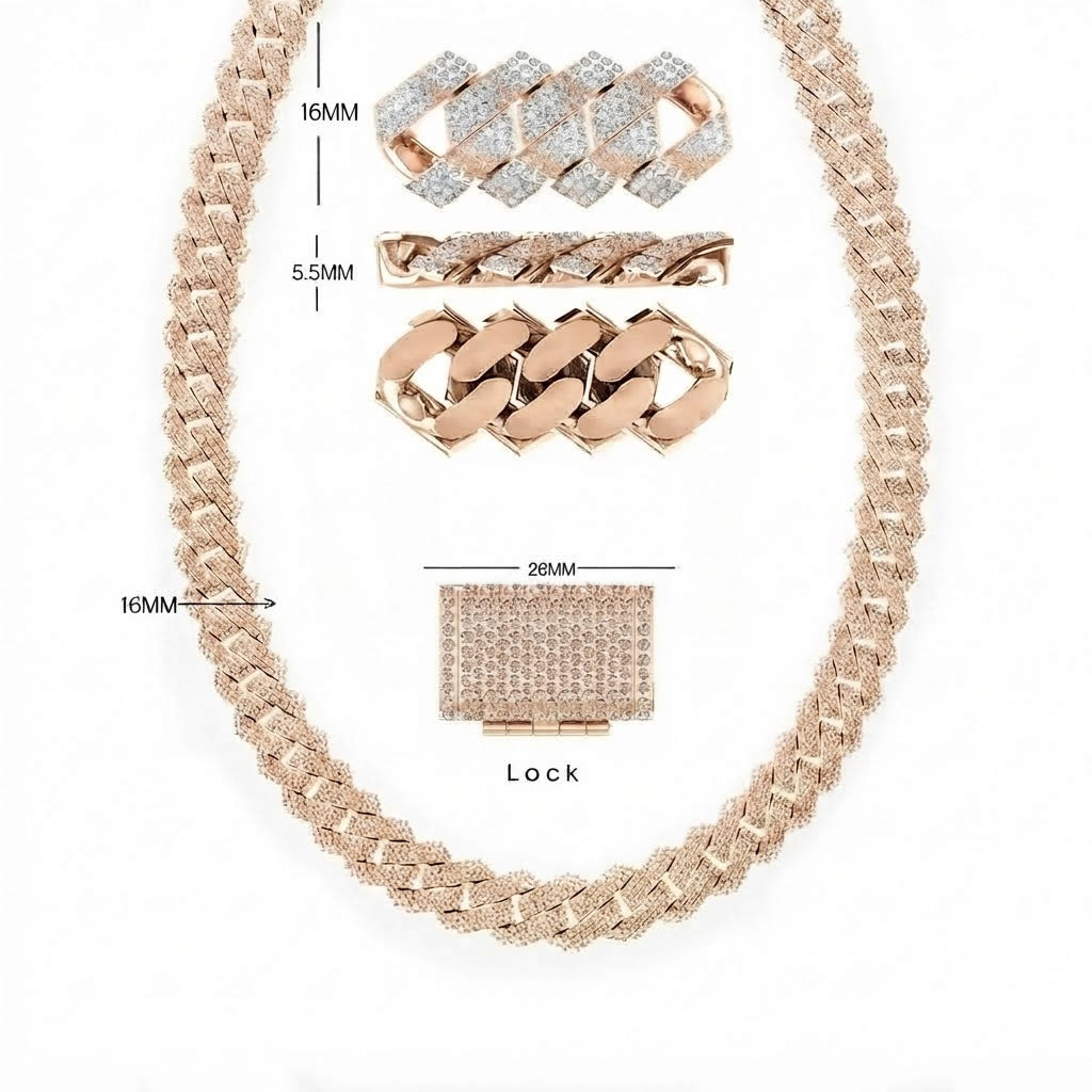 16mm Moissanite Round Diamond Three Row Cuban Link Chain - 5.5MM Wide