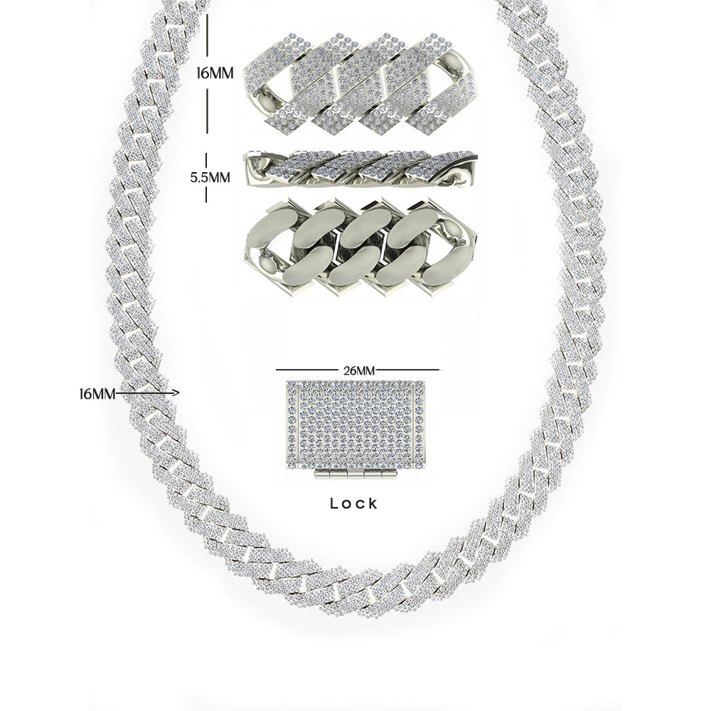 16mm Moissanite Round Diamond Three Row Cuban Link Chain - 5.5MM Wide
