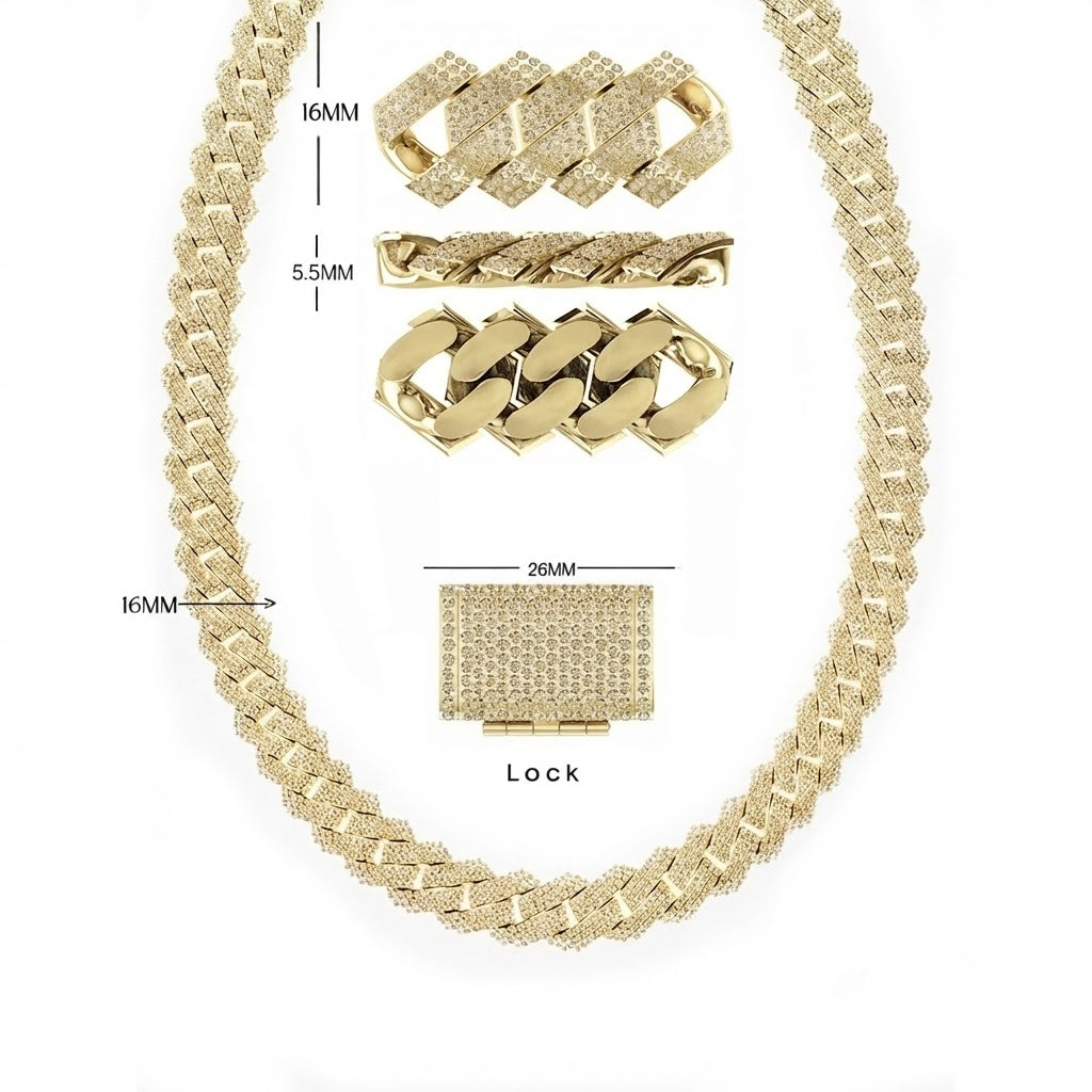 16mm Moissanite Round Diamond Three Row Cuban Link Chain - 5.5MM Wide
