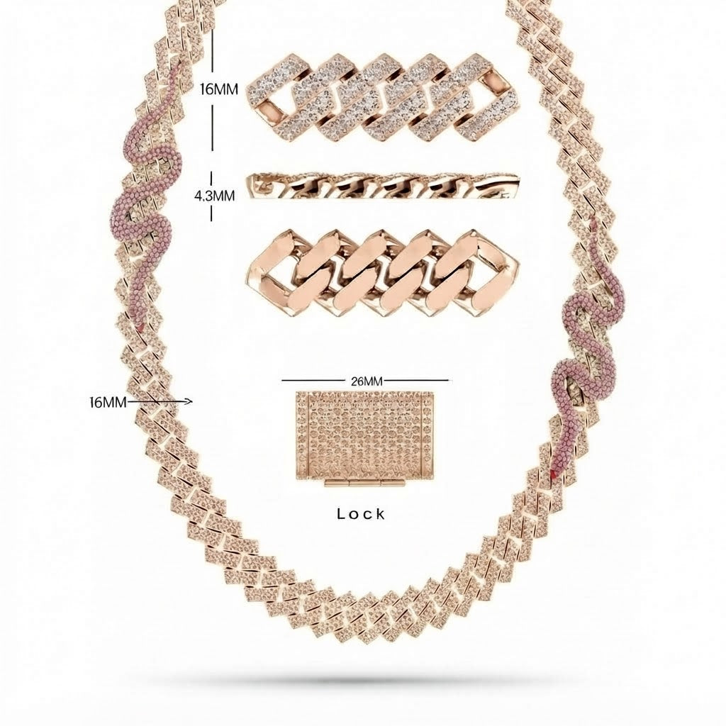 16mm Moissanite Diamond Iced Cuban Link Chain with Snake Pattern - 4.3MM Wide