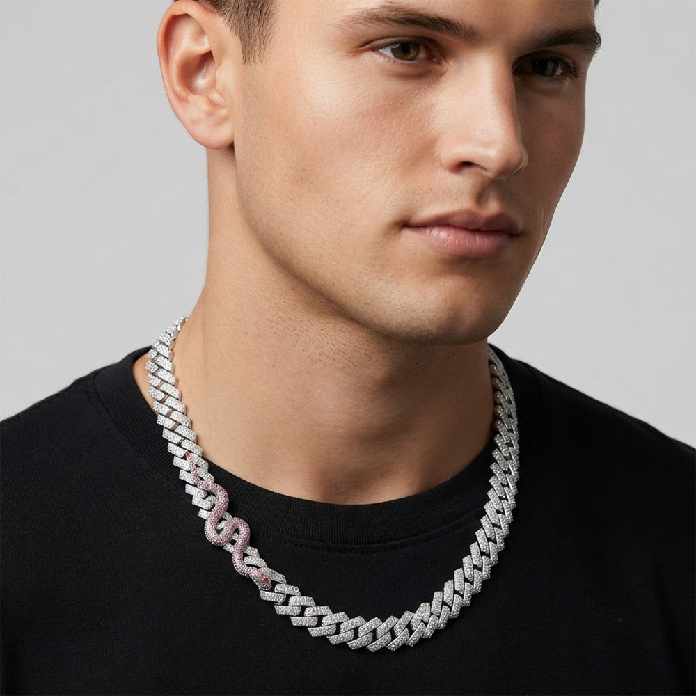 16mm Moissanite Diamond Iced Cuban Link Chain with Snake Pattern - 4.3MM Wide