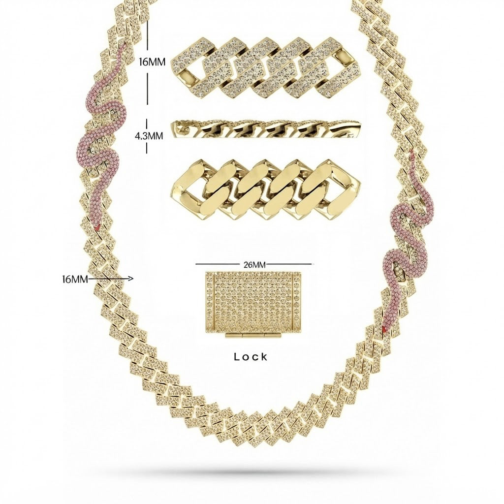 16mm Moissanite Diamond Iced Cuban Link Chain with Snake Pattern - 4.3MM Wide