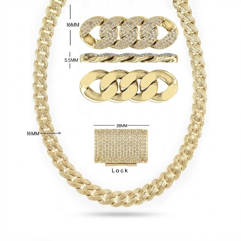16mm Moissanite Diamond Iced Three Row Cuban Link Chain - 5.5MM Wide
