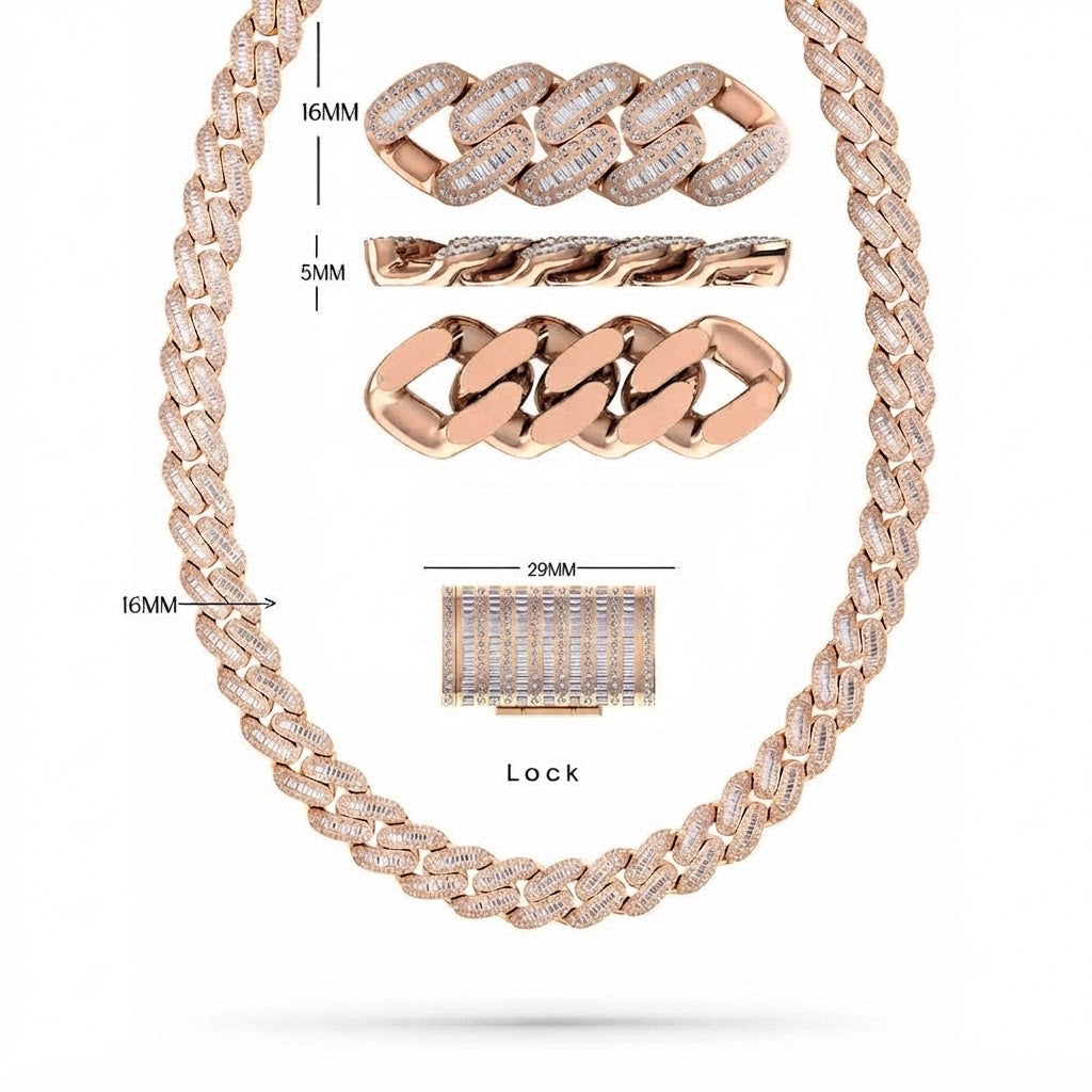 16mm Moissanite Round Baguette Diamond Oval Shape Cuban Link Chain - 5MM Wide
