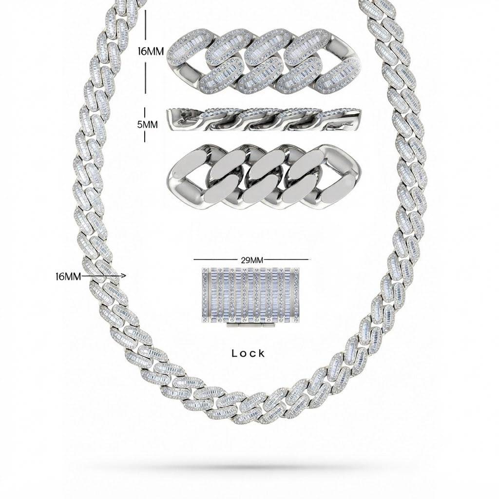 16mm Moissanite Round Baguette Diamond Oval Shape Cuban Link Chain - 5MM Wide