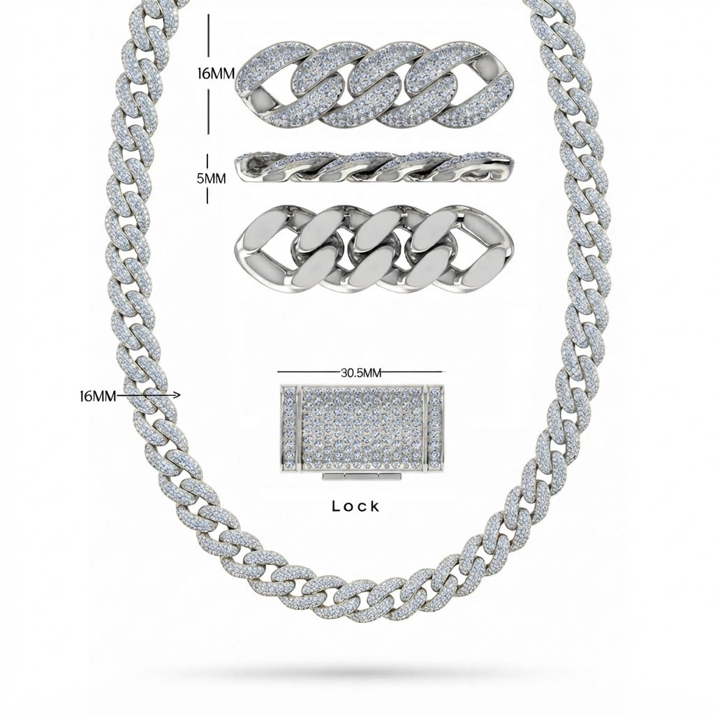 16mm Moissanite Diamond Iced Oval Shape Cuban Link Chain - 5MM Wide
