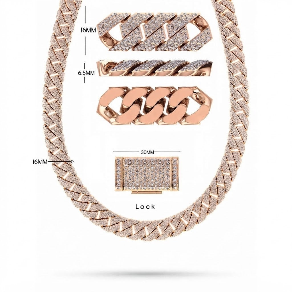 16mm Moissanite Diamond Iced Angled Three Row Cuban Link Chain - 6.5MM Wide