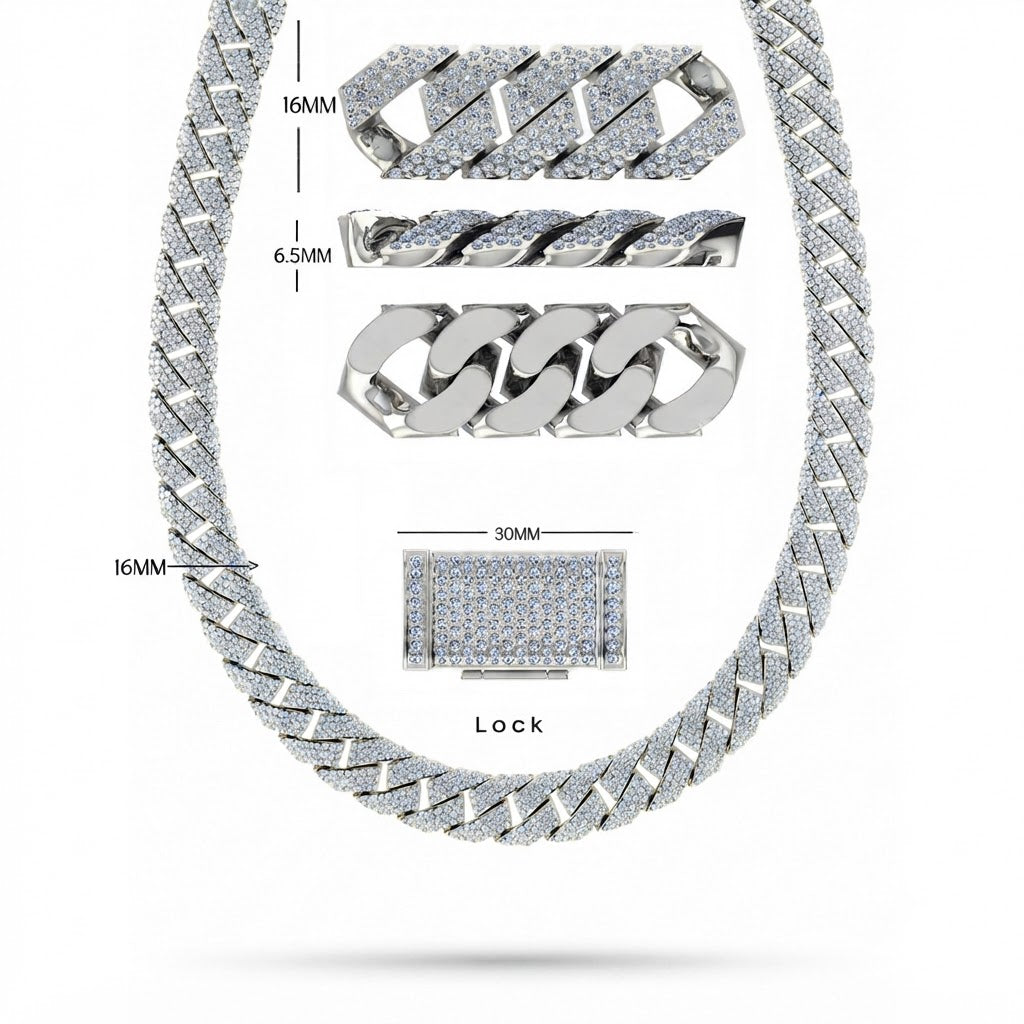 16mm Moissanite Diamond Iced Angled Three Row Cuban Link Chain - 6.5MM Wide