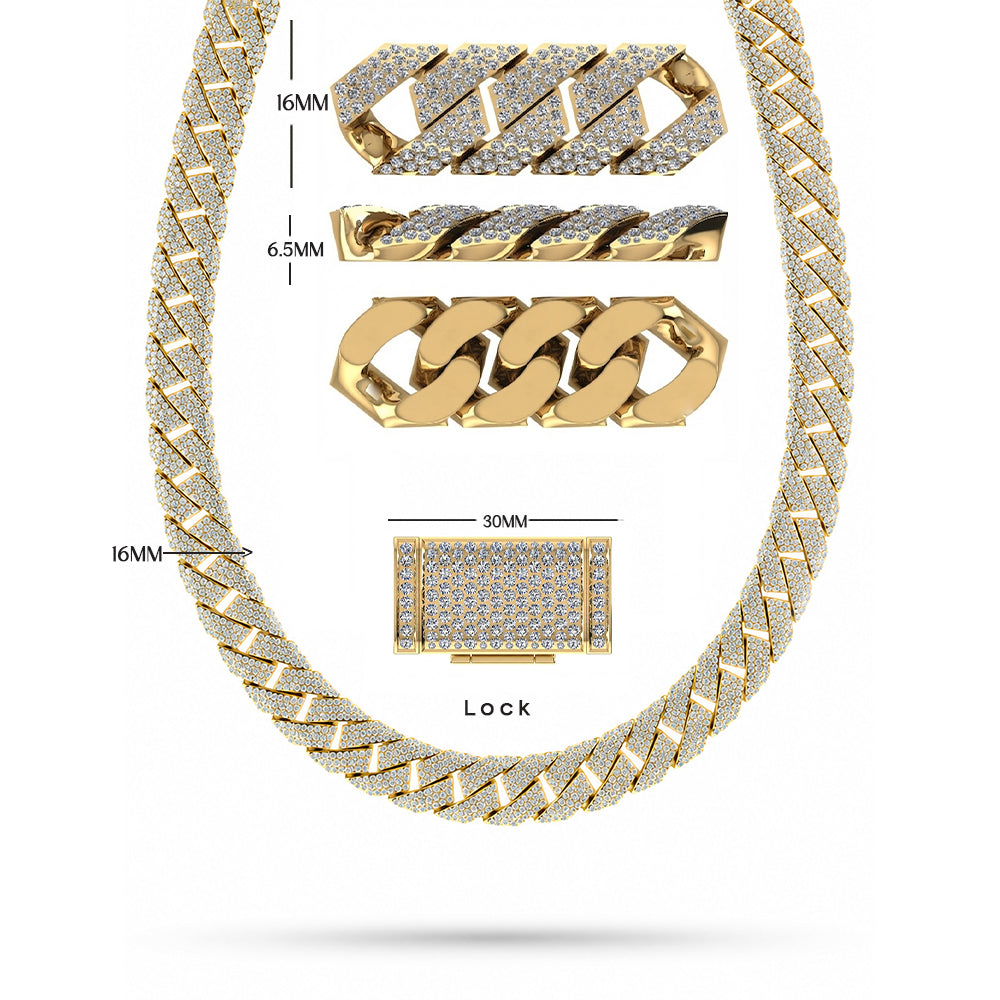 16mm Moissanite Diamond Iced Angled Three Row Cuban Link Chain - 6.5MM Wide