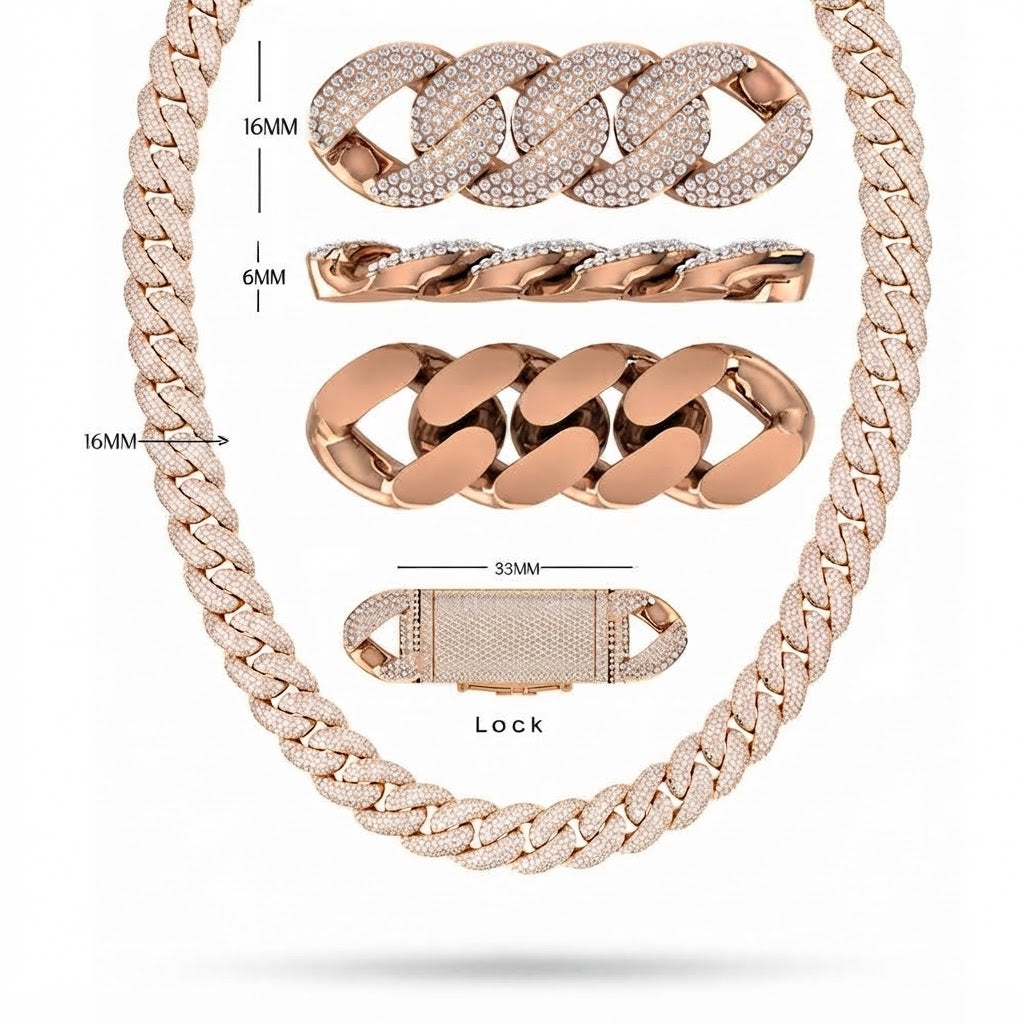 16mm Moissanite Diamond Iced Three Row Cuban Link Chain - 6MM Wide