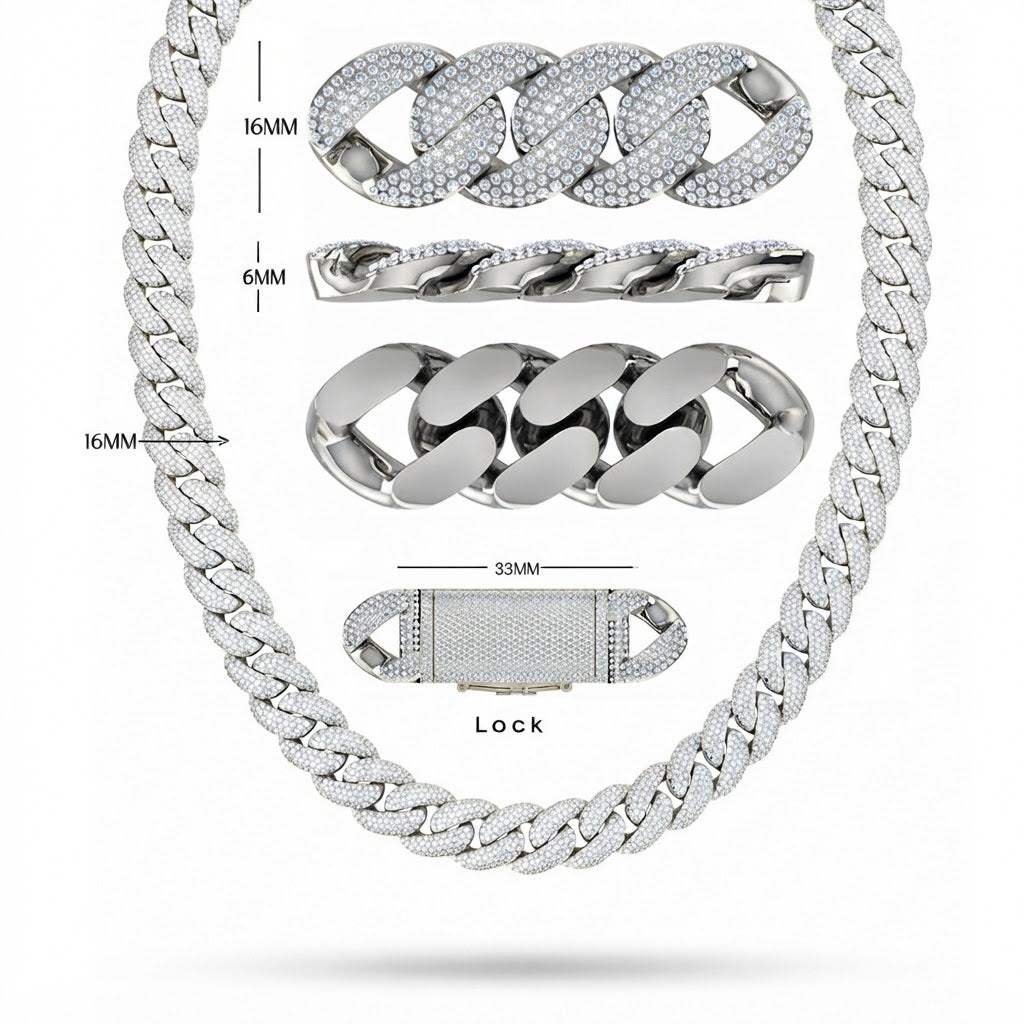 16mm Moissanite Diamond Iced Three Row Cuban Link Chain - 6MM Wide