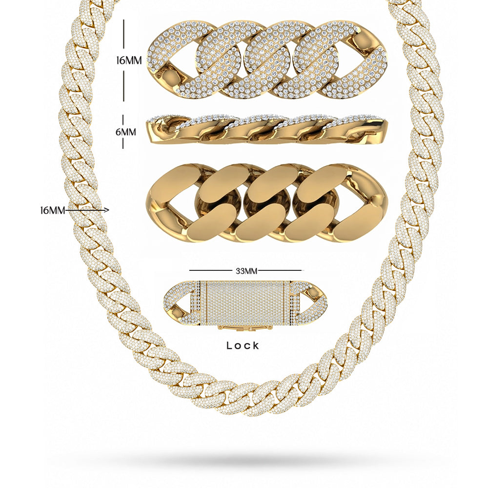 16mm Moissanite Diamond Iced Three Row Cuban Link Chain - 6MM Wide