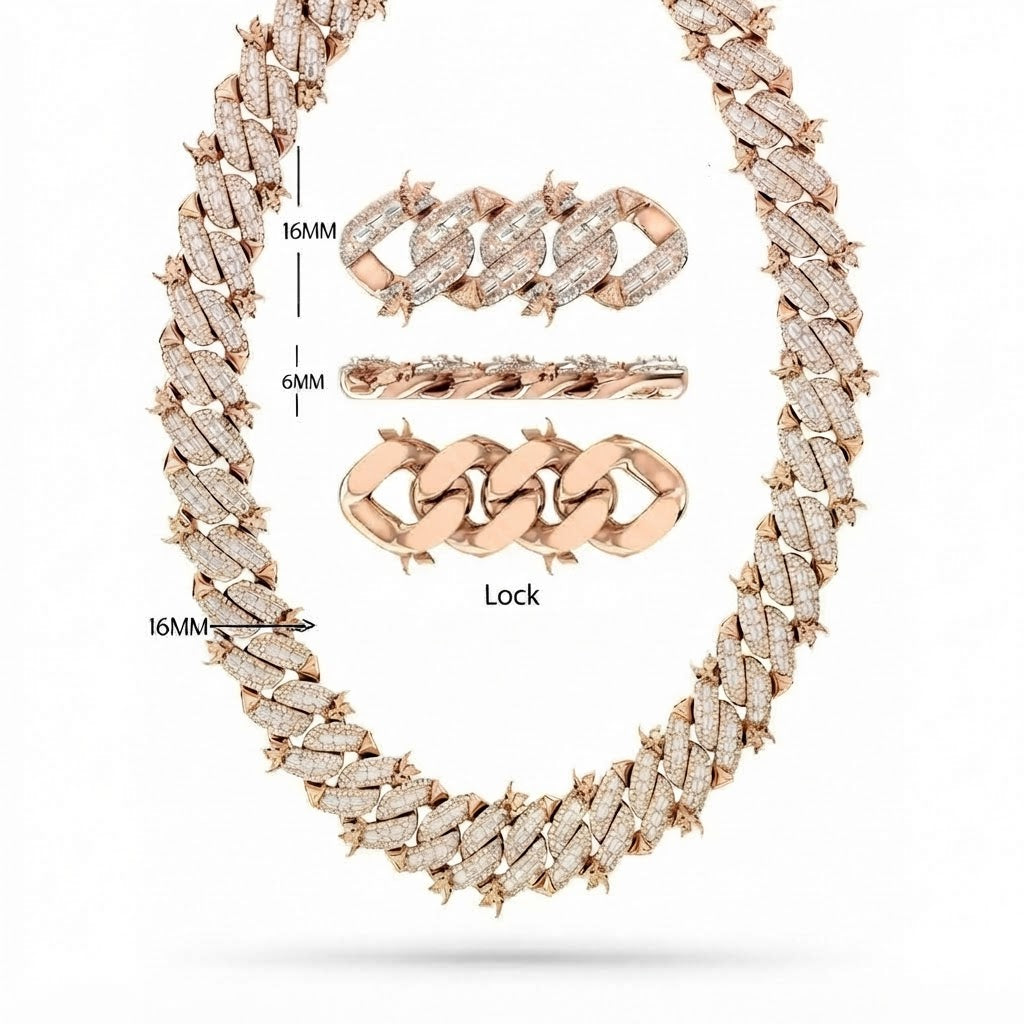 16mm Moissanite Diamond Bird Pattern Spiked Edge Cuban Link Chain - 6MM Wid