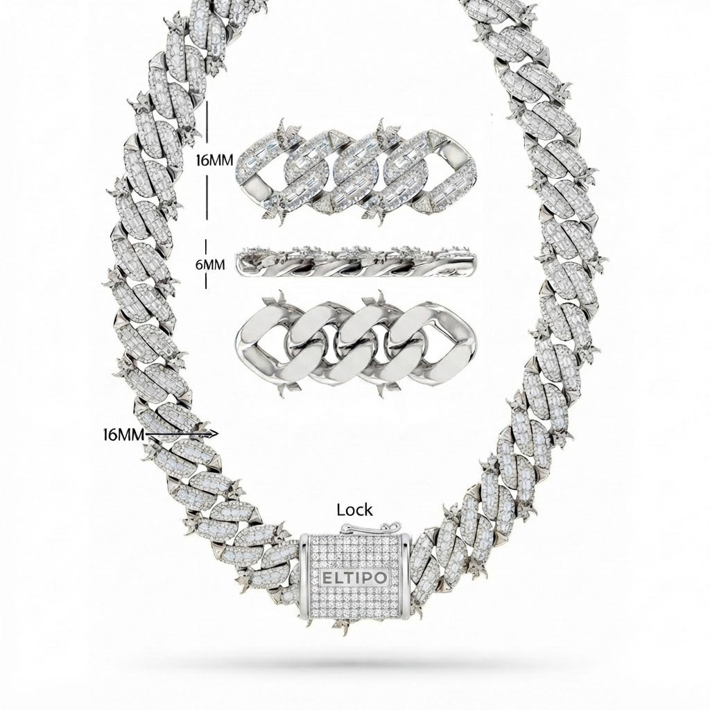 16mm Moissanite Diamond Bird Pattern Spiked Edge Cuban Link Chain - 6MM Wid