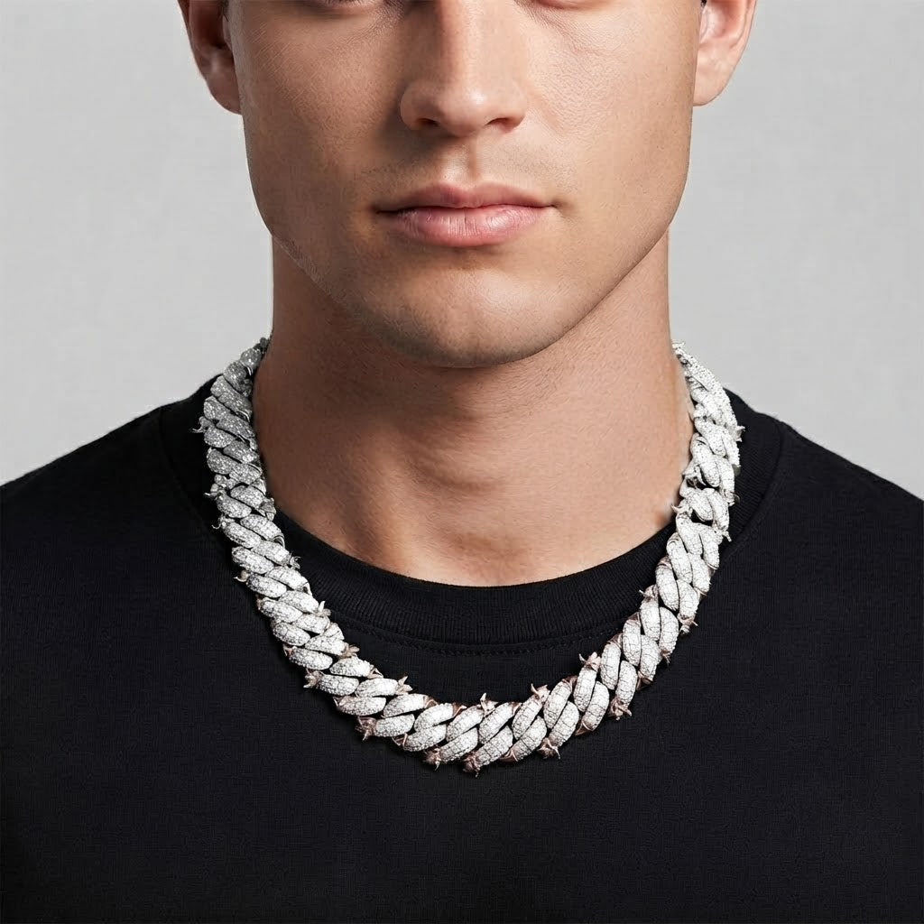 16mm Moissanite Diamond Bird Pattern Spiked Edge Cuban Link Chain - 6MM Wid