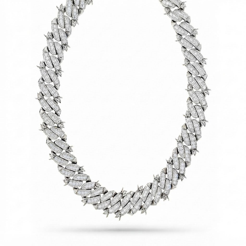 16mm Moissanite Diamond Bird Pattern Spiked Edge Cuban Link Chain - 6MM Wid
