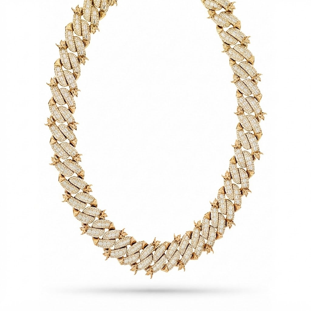 16mm Moissanite Diamond Bird Pattern Spiked Edge Cuban Link Chain - 6MM Wid