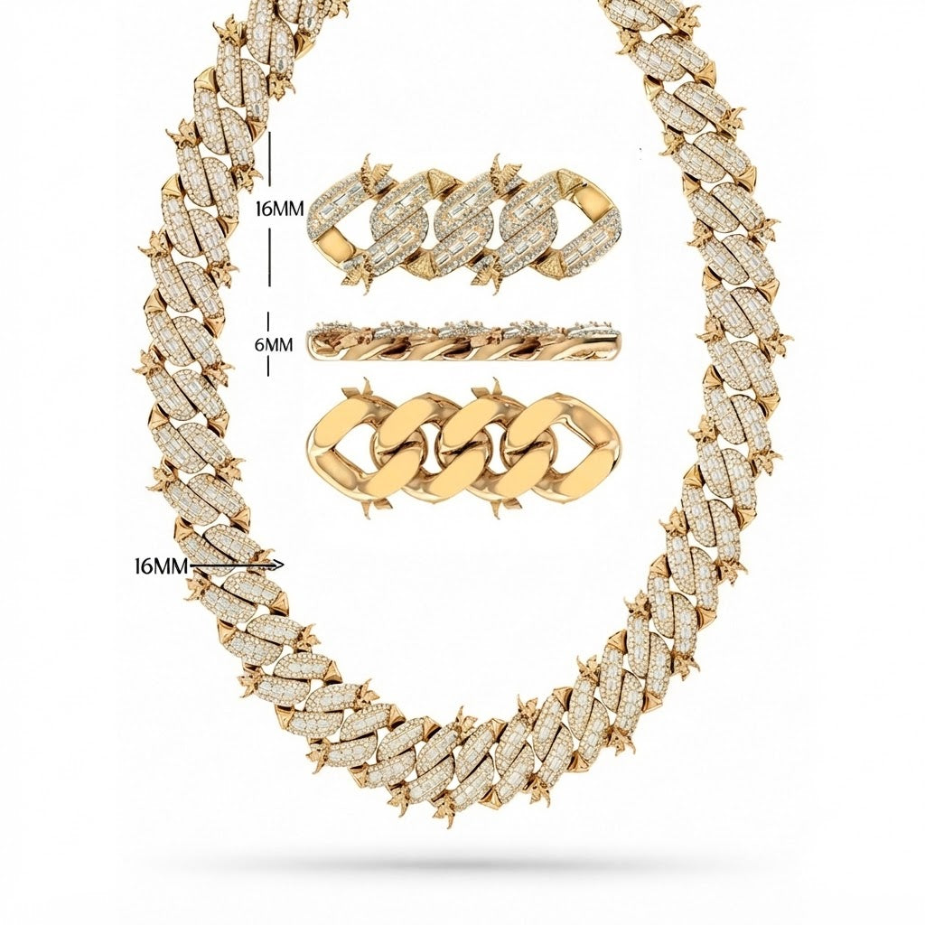 16mm Moissanite Diamond Bird Pattern Spiked Edge Cuban Link Chain - 6MM Wid