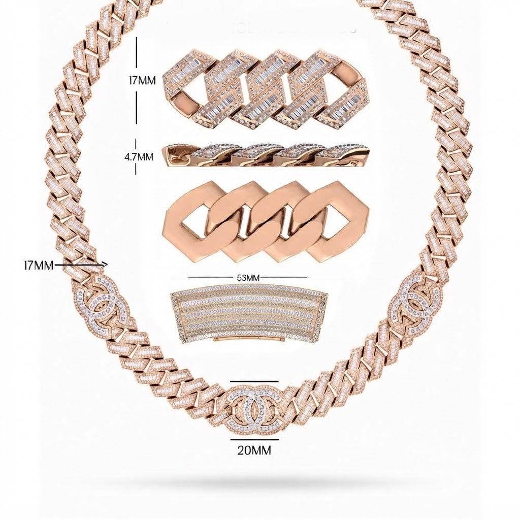 17mm Moissanite Diamond Rectangular Link & Round Accent Cuban Link Chain - 4.7MM Wide