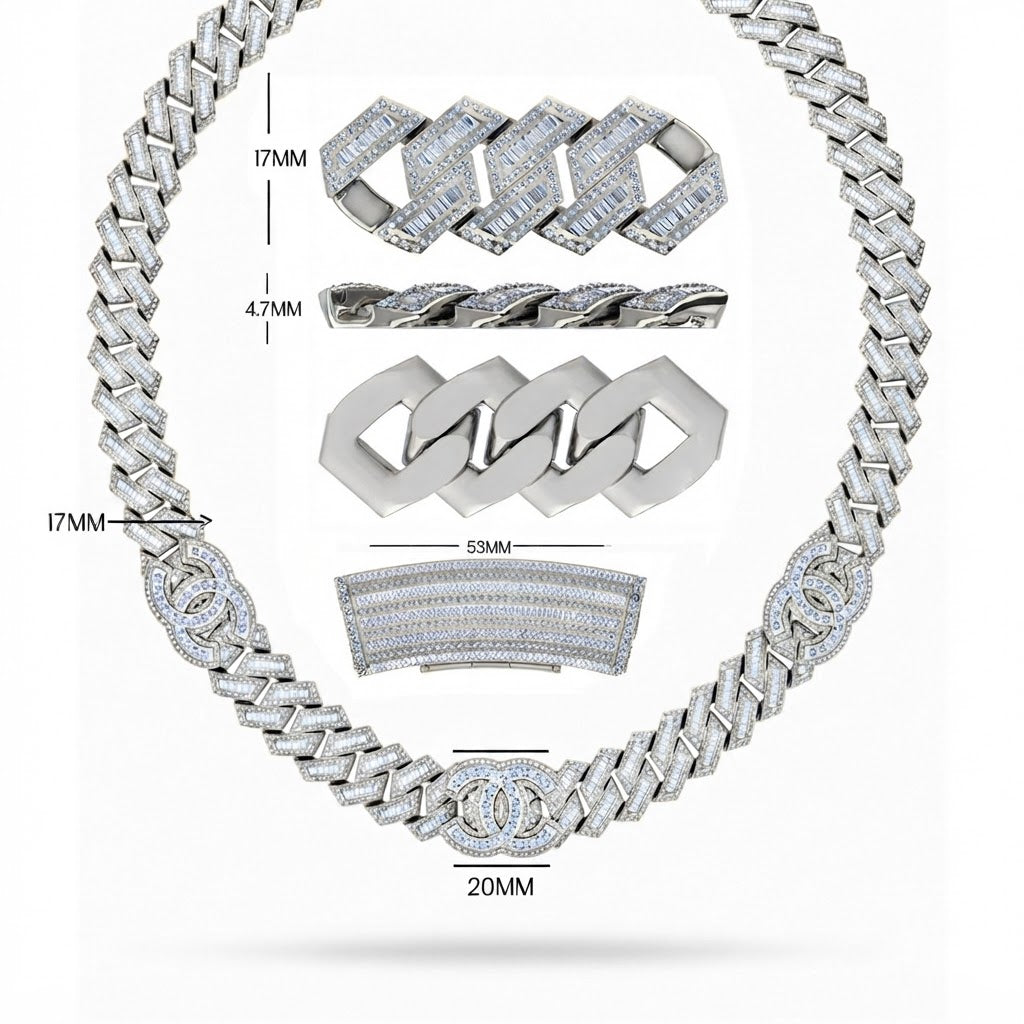17mm Moissanite Diamond Rectangular Link & Round Accent Cuban Link Chain - 4.7MM Wide