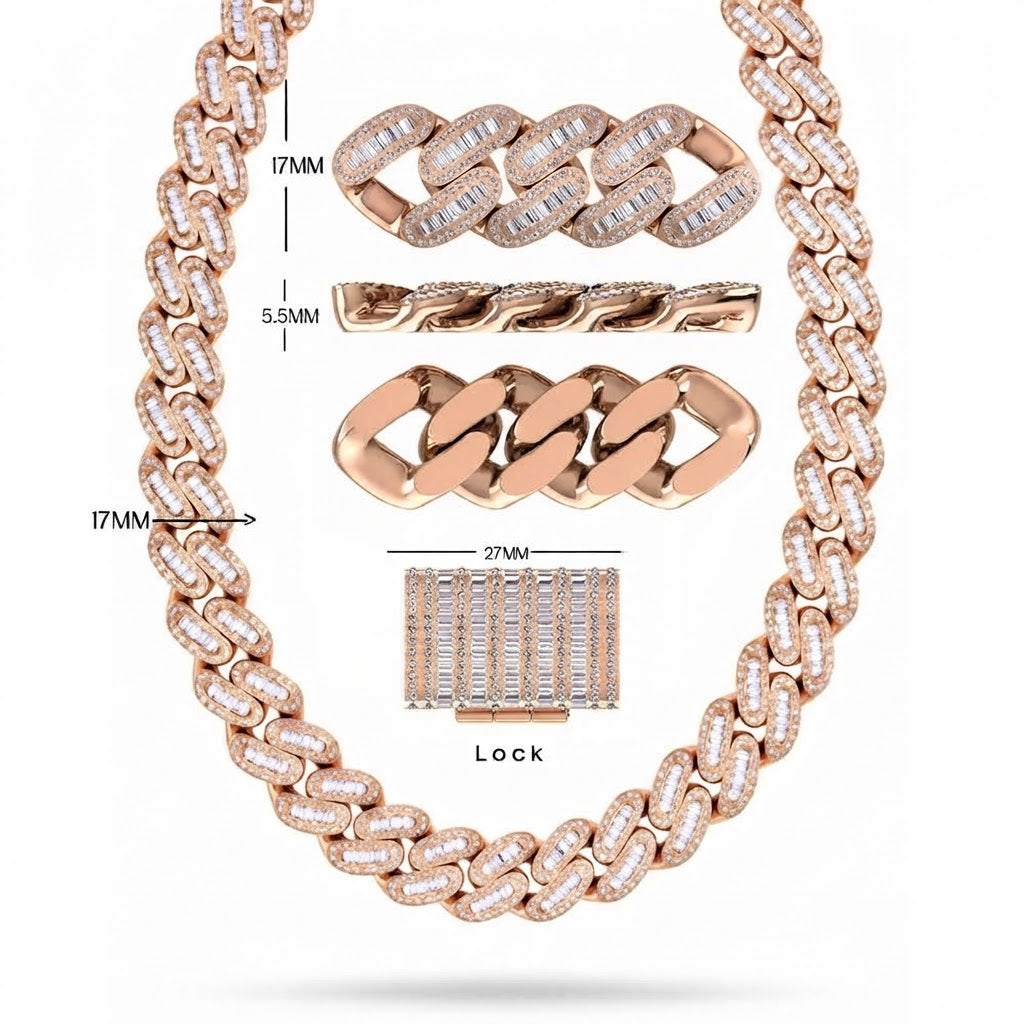 17mm Moissanite Diamond Iced Oval Shape Cuban Link Chain - 5.5MM Wide Baguette Accent Pattern