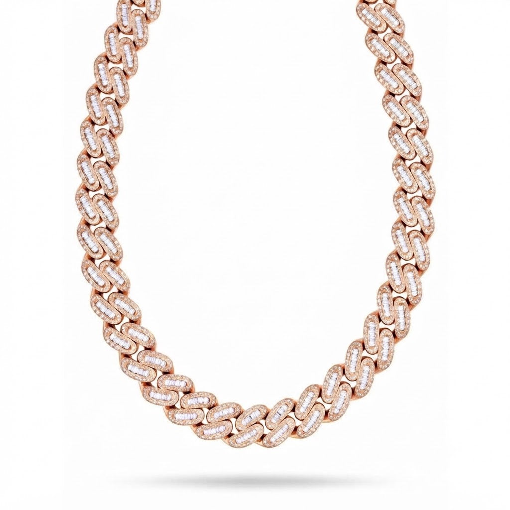 17mm Moissanite Diamond Iced Oval Shape Cuban Link Chain - 5.5MM Wide Baguette Accent Pattern