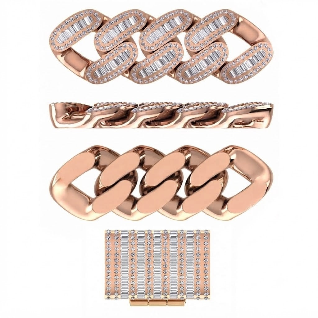 17mm Moissanite Diamond Iced Oval Shape Cuban Link Chain - 5.5MM Wide Baguette Accent Pattern