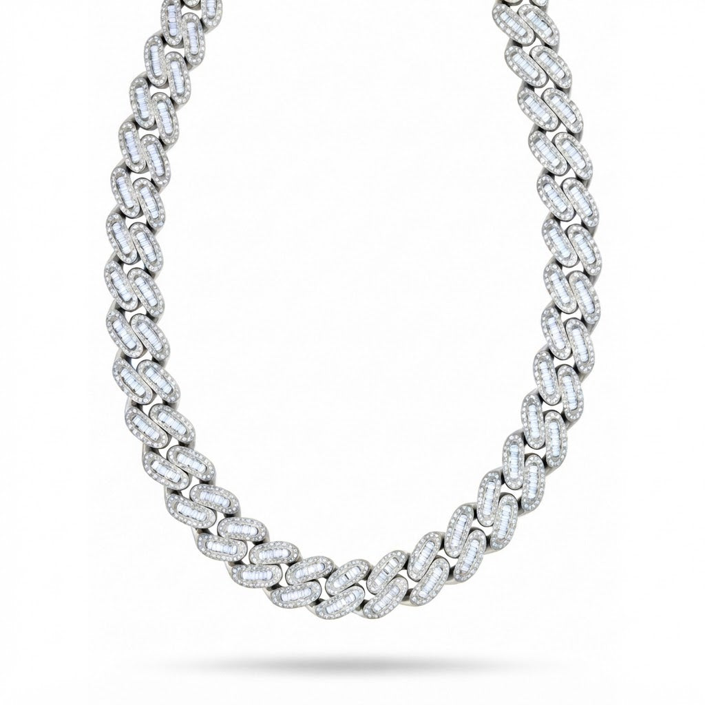 17mm Moissanite Diamond Iced Oval Shape Cuban Link Chain - 5.5MM Wide Baguette Accent Pattern