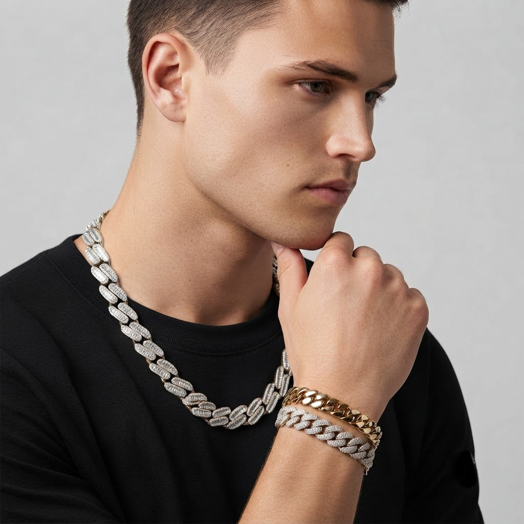 17mm Moissanite Diamond Iced Oval Shape Cuban Link Chain - 5.5MM Wide Baguette Accent Pattern