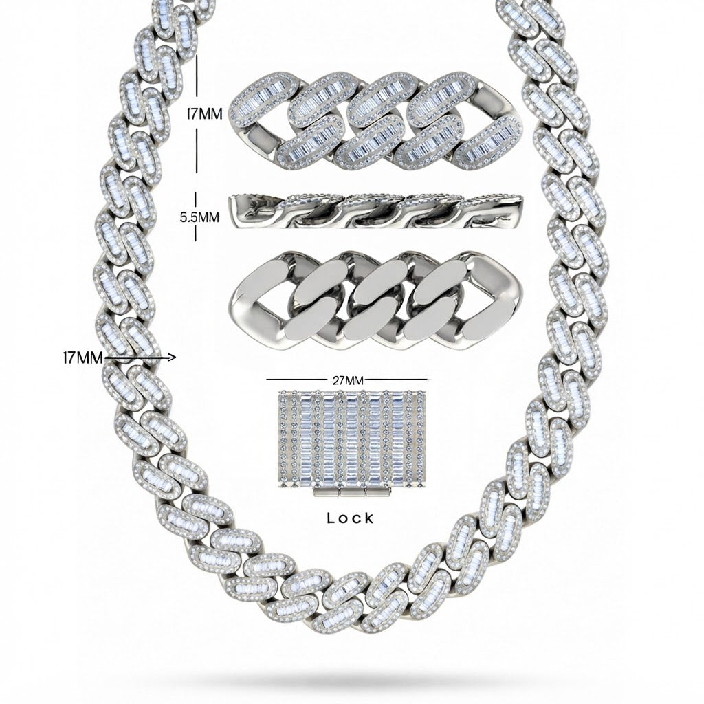 17mm Moissanite Diamond Iced Oval Shape Cuban Link Chain - 5.5MM Wide Baguette Accent Pattern