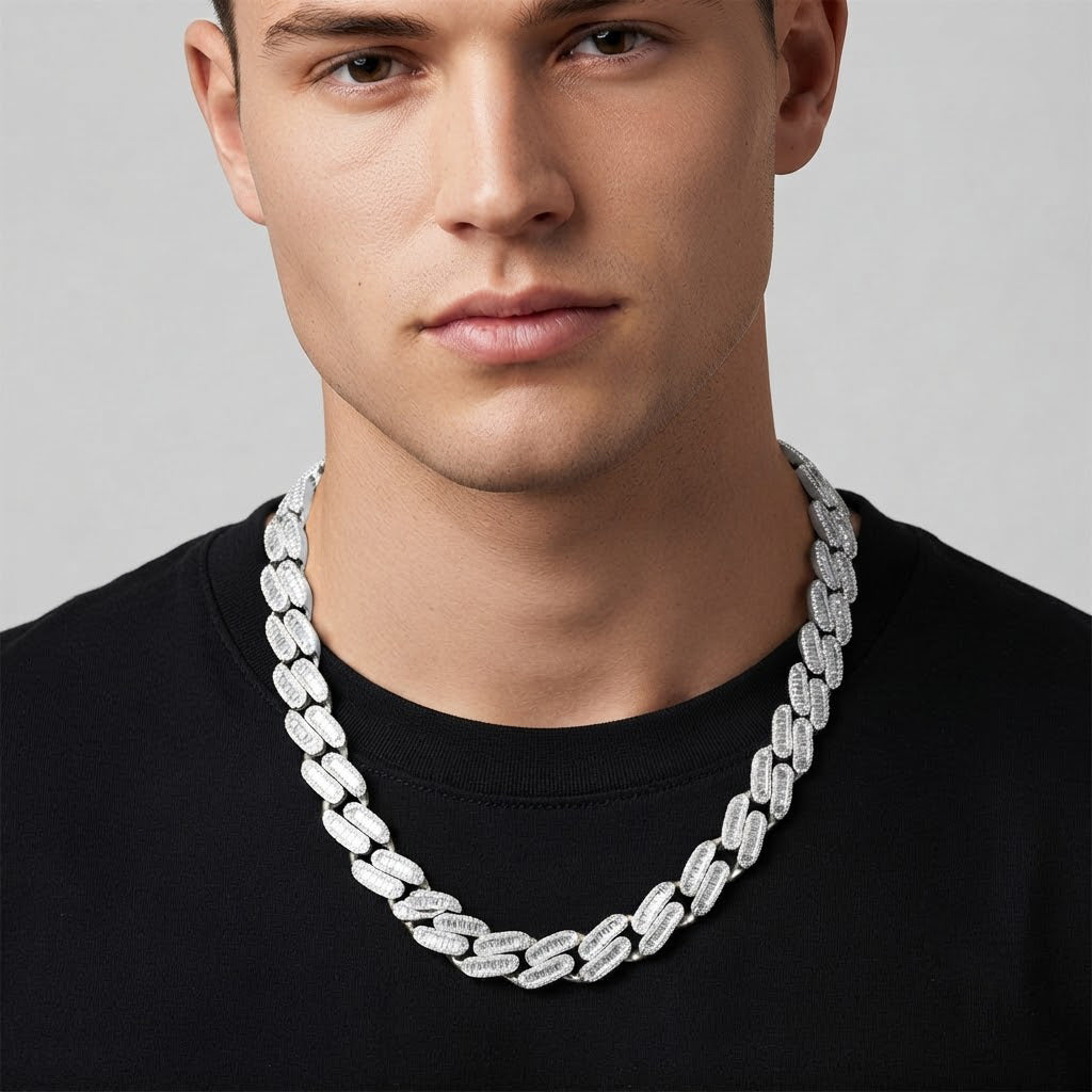 17mm Moissanite Diamond Iced Oval Shape Cuban Link Chain - 5.5MM Wide Baguette Accent Pattern