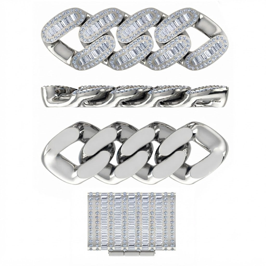 17mm Moissanite Diamond Iced Oval Shape Cuban Link Chain - 5.5MM Wide Baguette Accent Pattern